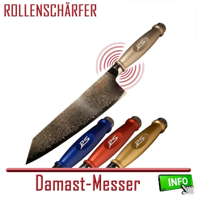 Damastmesser mit farbigen Griffen in rot, blau und gold.
