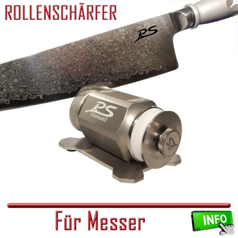 Rollenschärfer für Messer in verschiedenen Farben: Blau, Titan, Gold, Rot.